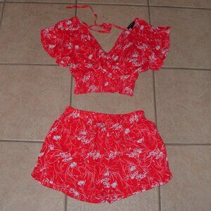 Red Floral Sz Jr Small Elastic Waist Shorts & Cropped Top 2 Pc Outfit Set